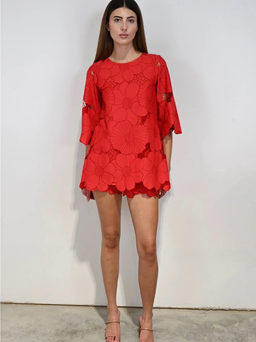 Red Floral Never A Wallflower Cutwork Caftan/Mini Dress
